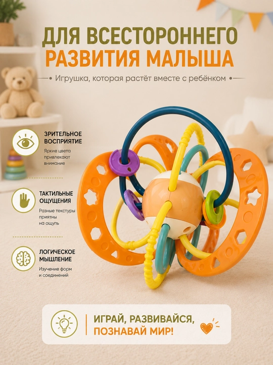 Развивающая игрушка шар-погремушка с прорезывателем для малышей 0+
