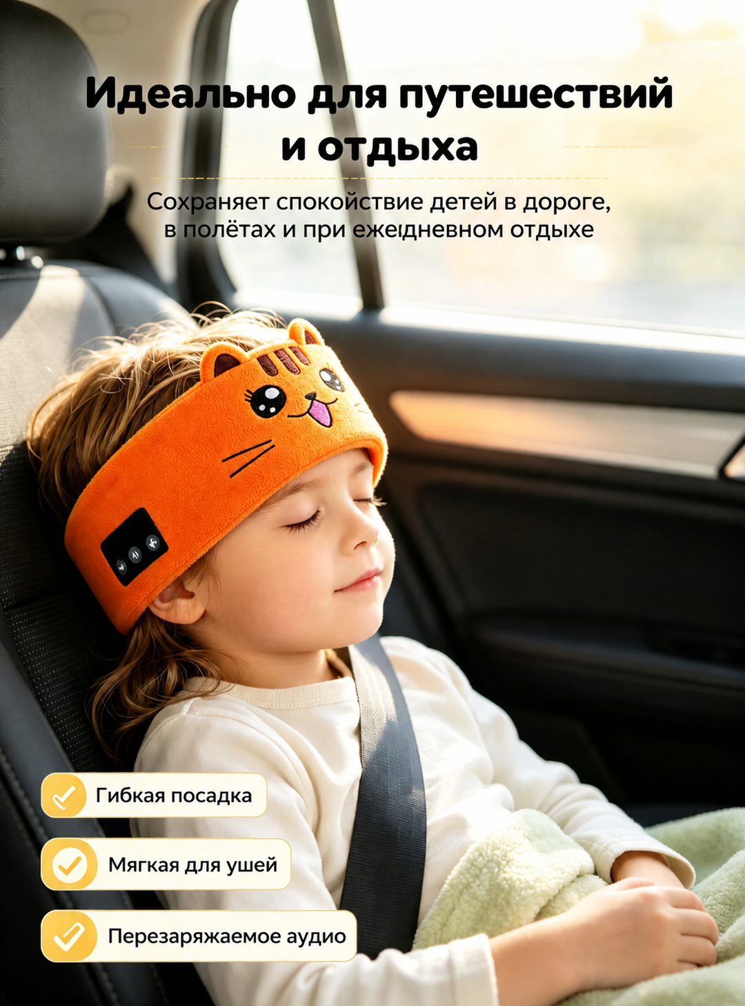 Детская Bluetooth 5.0 Повязка-Маска Для Сна С Наушниками Оранжевый Кот