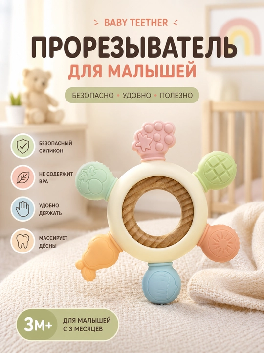 Силиконовый прорезыватель для малышей, развивающая игрушка 3+ месяцев