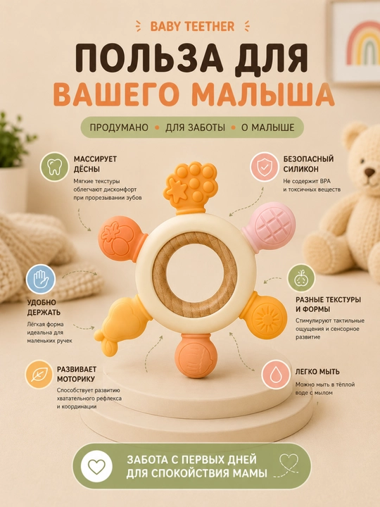Силиконовый прорезыватель для малышей, развивающая игрушка 3+ месяцев