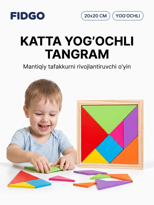 Rivojlantiruvchi yog‘ochli boshqotirma o‘yini Tangram, magnitli, topshiriqlar bilan, Tetris - 