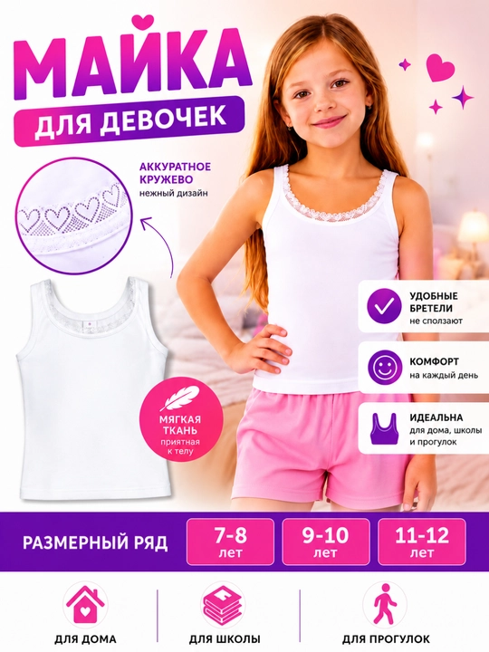 Майка для девочки белая с кружевом, мягкая, хлопковая, на 7–12 лет - 
