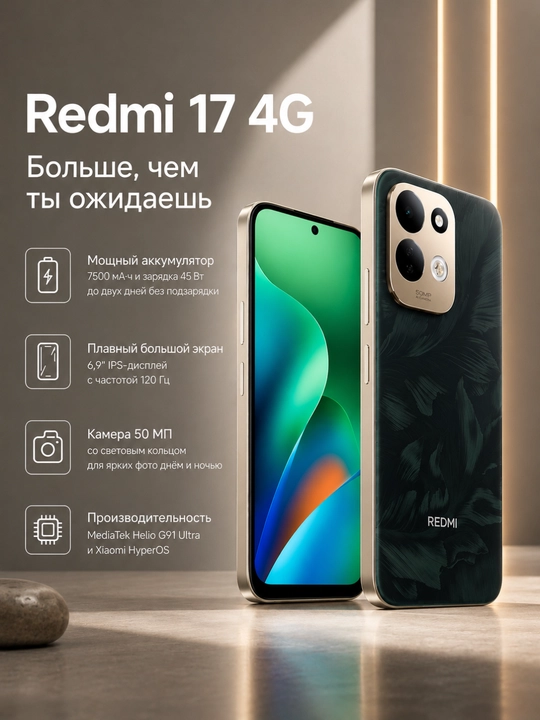 Телефон Redmi 17 4G, батарея 7500 мА·ч 45 Вт до 74 часов, IPS 6,9" 120гц, 2х Сим + UZIMEI