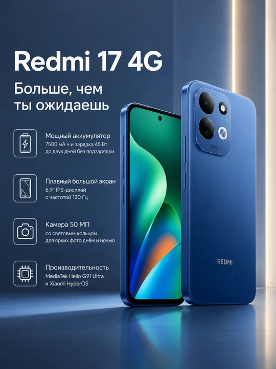 Телефон Redmi 17 4G, батарея 7500 мА·ч 45 Вт до 74 часов, IPS 6,9" 120гц, 2х Сим + UZIMEI - 