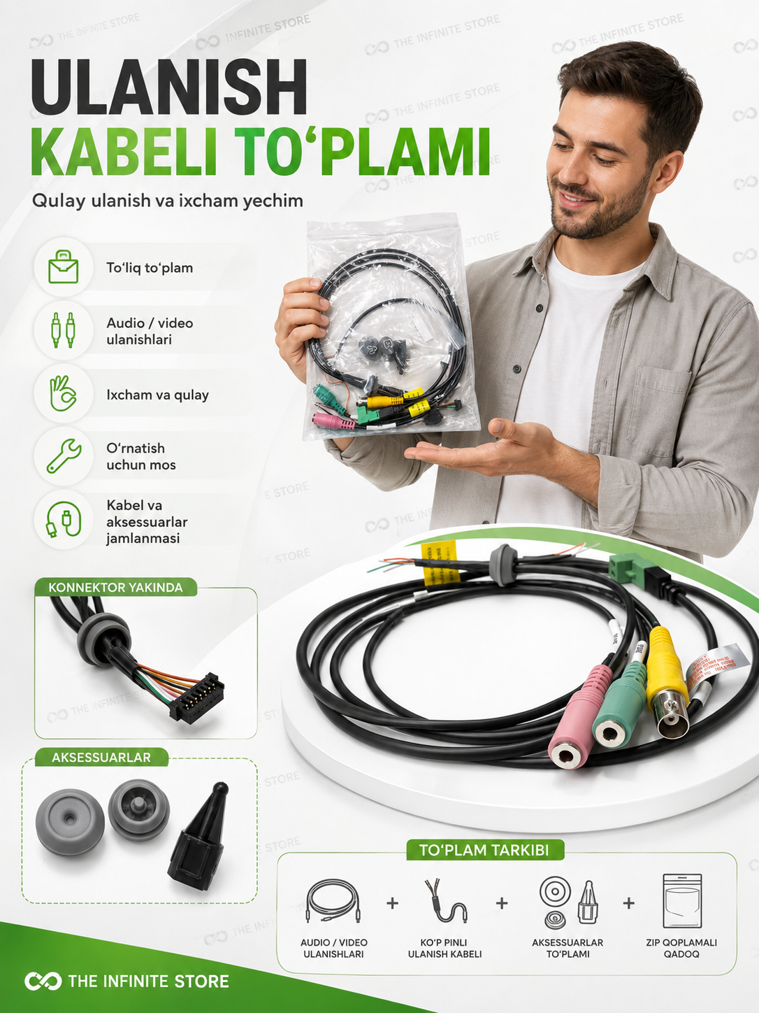IP65 video kuzatuv kamerasining MIC/SPEAKER va ALARM I/O audio ulanish kabeli, 1 m