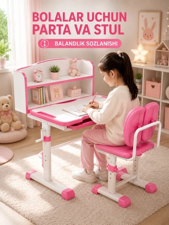 Parta va stul transformer, balandligi sozlanadigan bolalar uchun o‘quv to‘plami