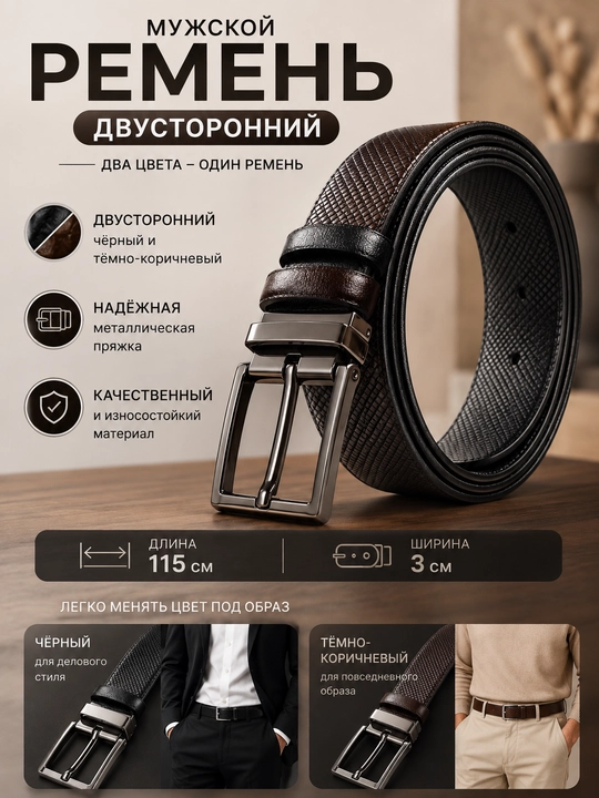 Kamar erkaklar uchun Ikki tomonlama klassik charm ko‘rinishli metall tokali kamar - 