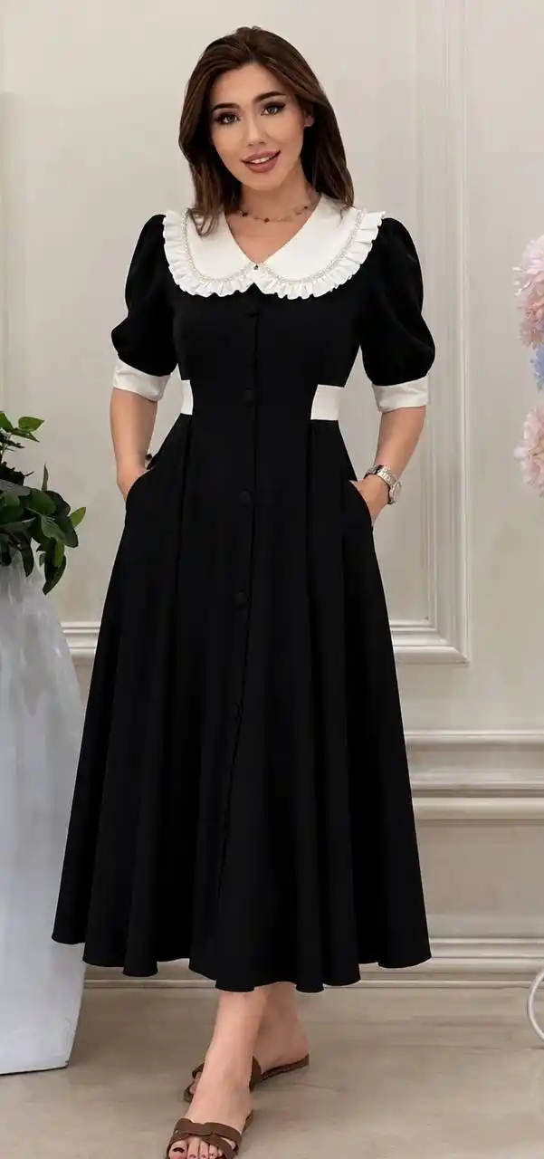Oq yoqali ayollar ko‘ylagi, Barbi materialidan, ofis, maktab, klassik S-M M-L