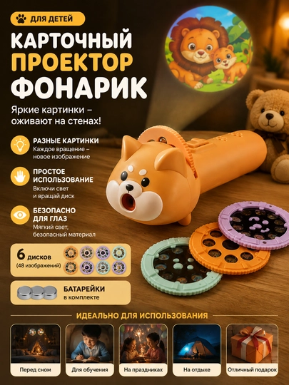 Детский фонарик-проектор с картинками, 6 дисков 48 изображений, интерактивная игрушка - 