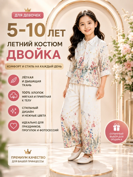 Летний комплект для девочки 5–10 лет, цветочная кофта и широкие брюки