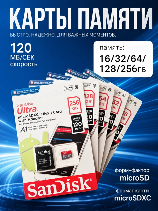 Флешка, Карта памяти SanDisk Ultra MicroSD UHS-I (с адаптером): 16|32|64|128|256 ГБ - 