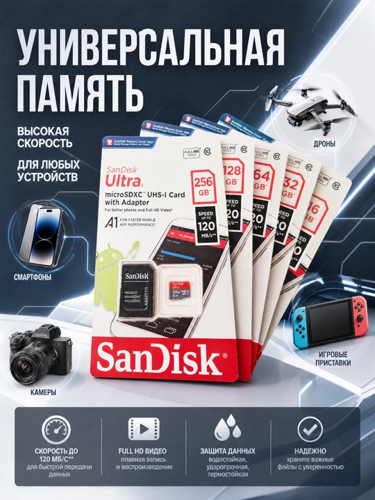 Флешка, Карта памяти SanDisk Ultra MicroSD UHS-I (с адаптером): 16|32|64|128|256 ГБ