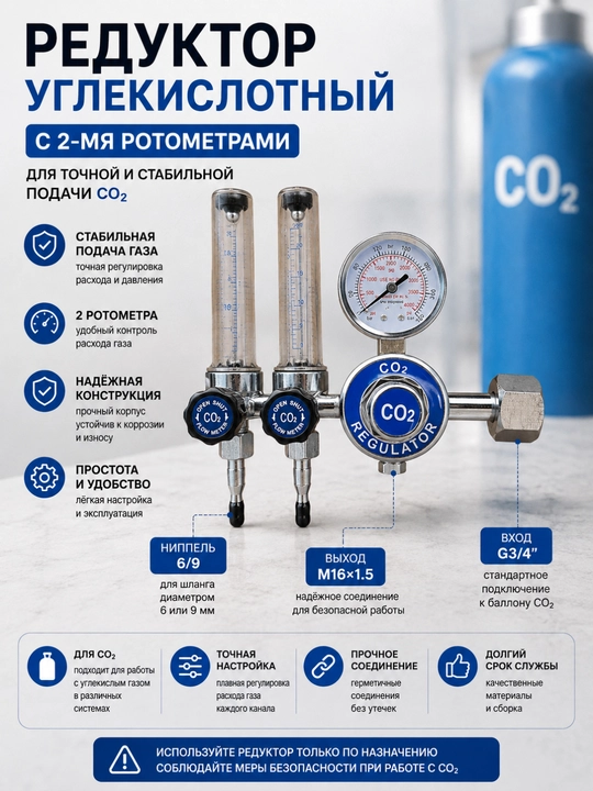 CO₂ uchun 2 ta rotametrli uglerod ikki oksid reduktori, G3/4", M16×1.5 - 