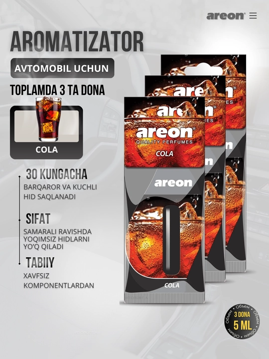 Areon Mon Liquid avtomobil uchun havo aromatizator, avto aromatizator, diffuzor, 3 dona
