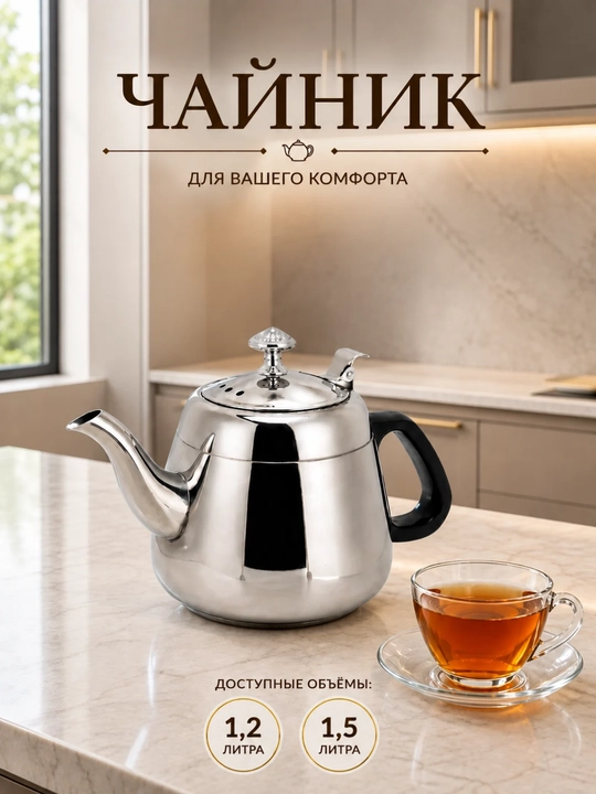 Zanglamaydigan po‘lat choynak 1,2 va 1,5 litr qora dastakli filtrli uy uchun - 