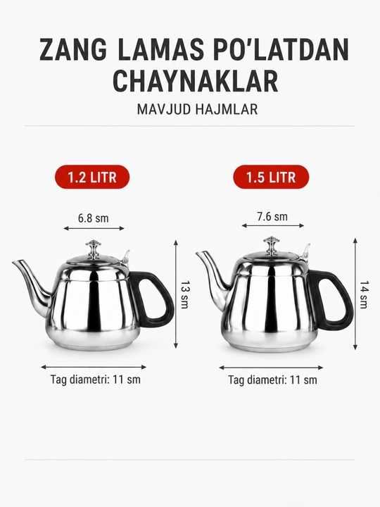 Чайник из нержавеющей стали 1,2 и 1,5 л с фильтром и чёрной ручкой