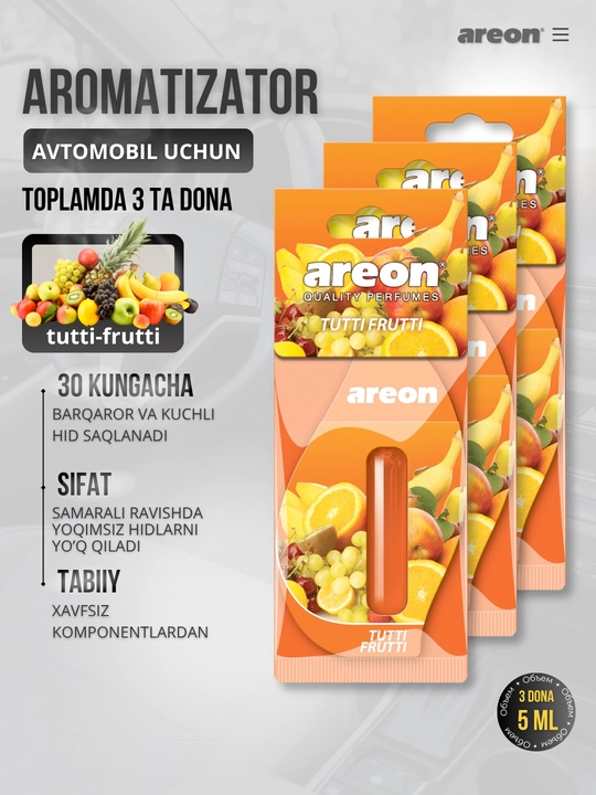 Areon Mon Liquid avtomobil uchun havo aromatizator, avto aromatizator, diffuzor, 3 dona