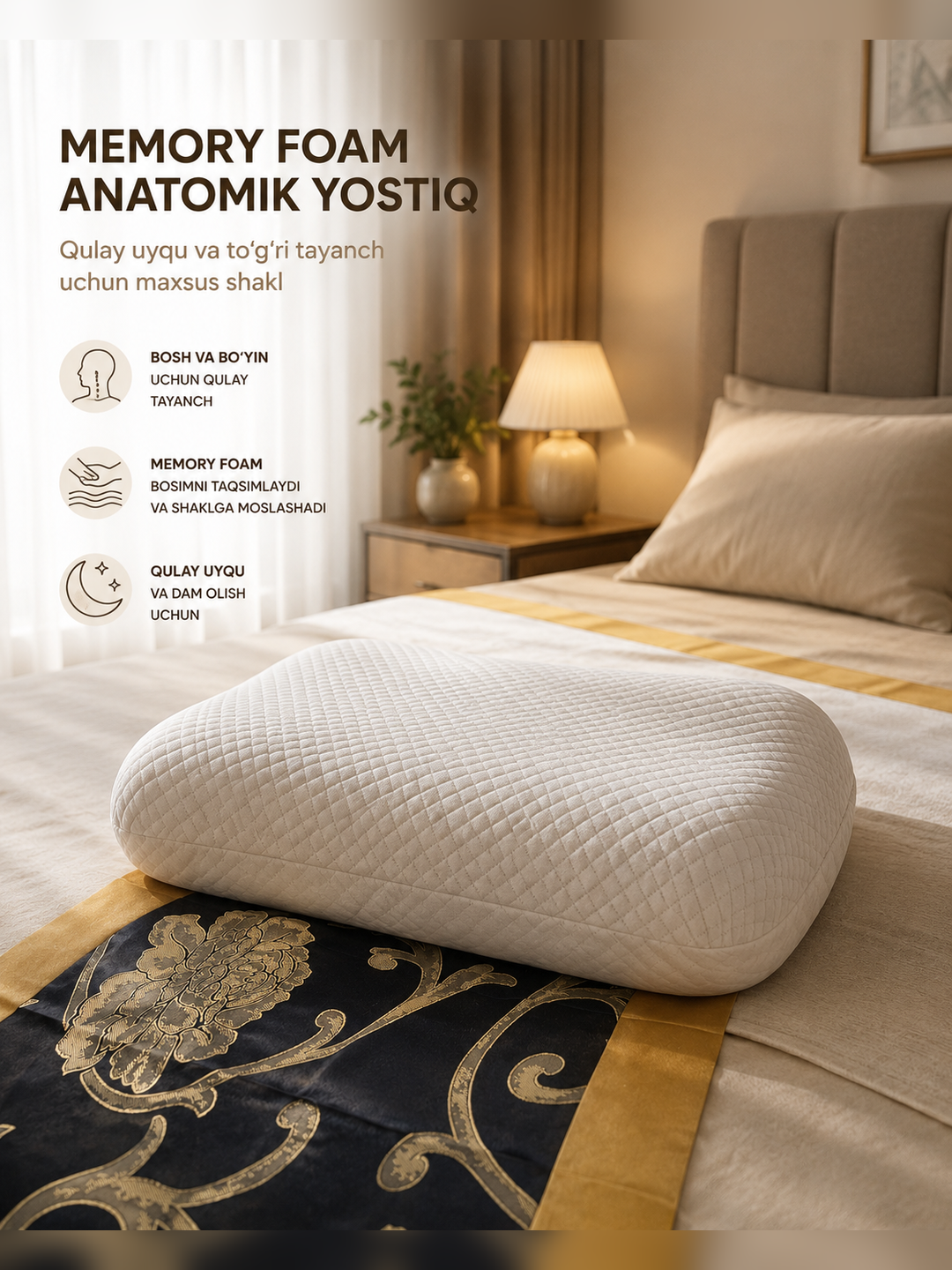 Anatomik yostiq, bo‘yin va bosh uchun qulay, Memory Foam - 