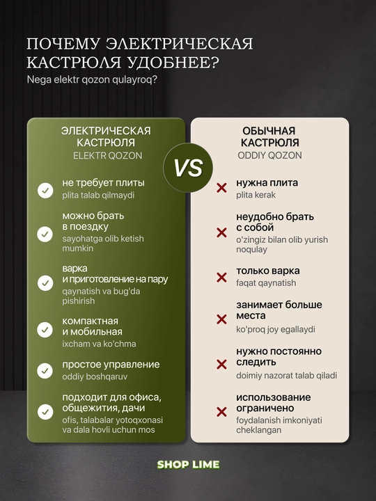 Qovurish, dimlash va pishirish uchun universal elektr qozon