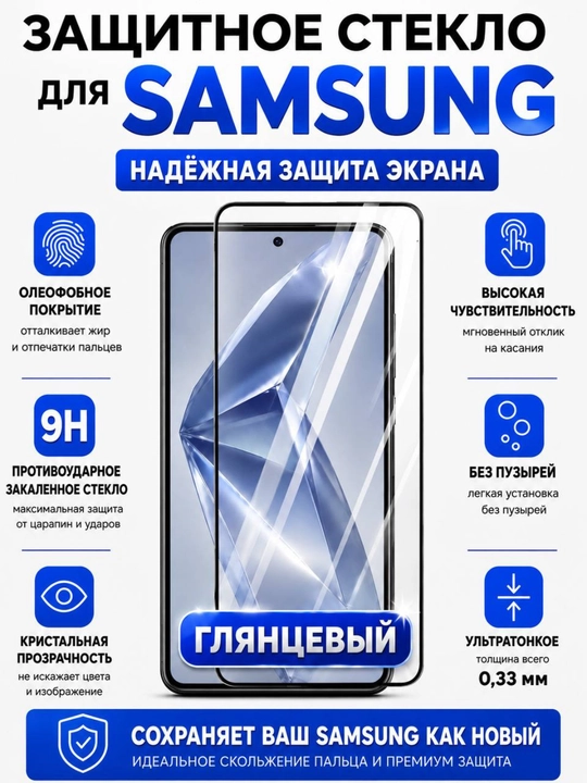 Защитное стекло для смартфонов Samsung A10, A50, A56, A55, A36, A16, A17, A07, A26 - 