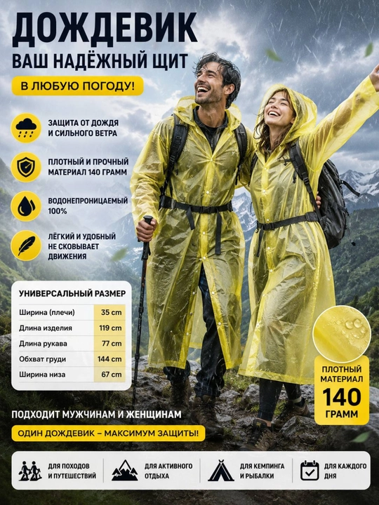 Качественный, плотный и многоразовый дождевик для защиты от дождя и ветра - 
