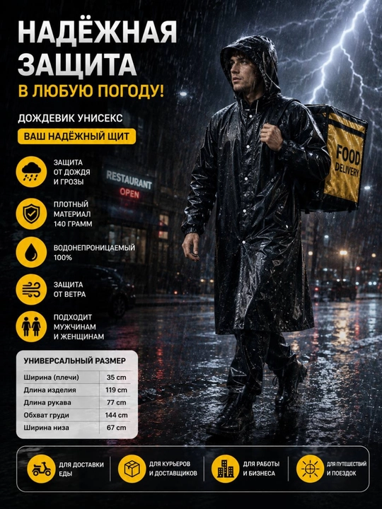 Качественный, плотный и многоразовый дождевик для защиты от дождя и ветра