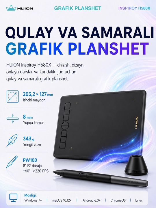 Grafik planshet Huion H580X, qora H580X - 