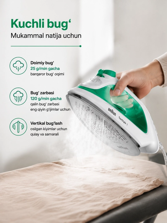 Braun TexStyle 1 SI1040GR bug‘li dazmol, 2000 Vt, 120 g/min bug‘ zarbasi, SuperCeramic 3D