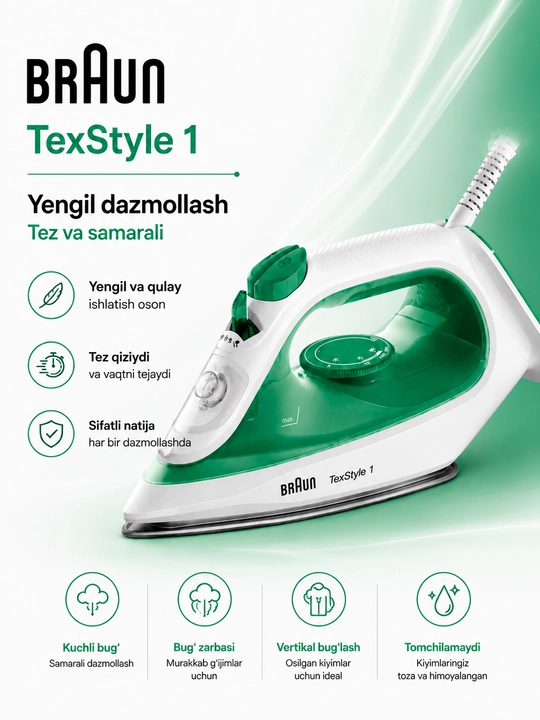 Braun TexStyle 1 SI1040GR bug‘li dazmol, 2000 Vt, 120 g/min bug‘ zarbasi, SuperCeramic 3D - 