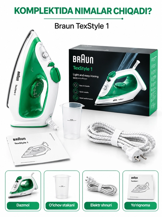 Braun TexStyle 1 SI1040GR bug‘li dazmol, 2000 Vt, 120 g/min bug‘ zarbasi, SuperCeramic 3D