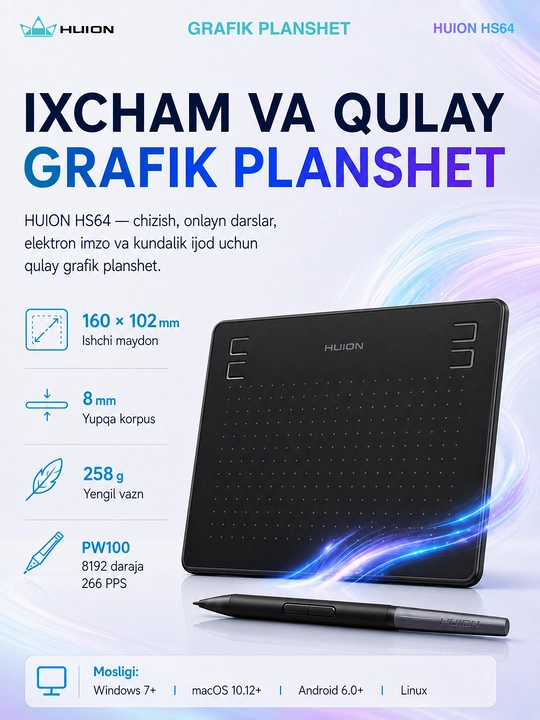 Huion HS64,HS64SE grafik plansheti, maxsus nashr, 6.3*4 dyuym, micro USB, qora - 