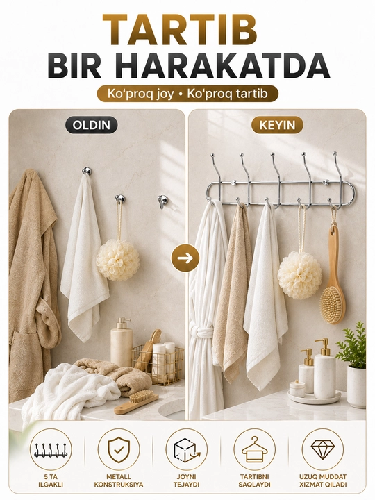 Devorga osiladigan metall ilgich, 4, 5, 6, 7, 8 ilgakli
