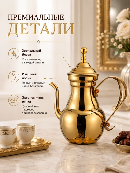 Oltin rangli choynak 1,1 litr, yaltiroq qoplama, qulay dastali choy damlash idishi