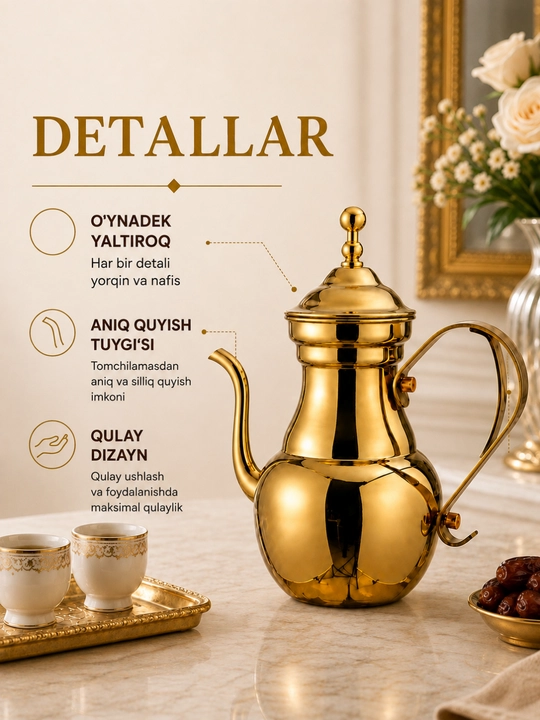 Oltin rangli choynak 1,1 litr, yaltiroq qoplama, qulay dastali choy damlash idishi