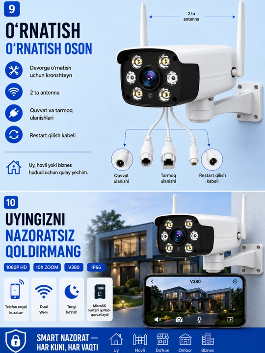 Videokuzatuv kamerasi V380 Smart IP 1080P HD 10X Zoom Dual Wi-Fi IP66