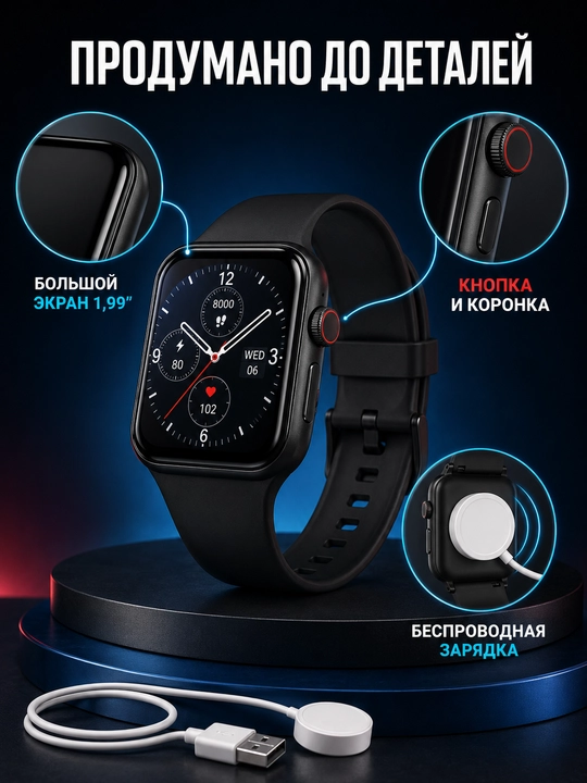 T800 Pro Max Watch 8 smart soat, 1,99 ekran, Bluetooth qo‘ng‘iroq, simsiz quvvatlash, qora