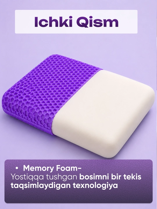 Memory Foam gelli anatomik ortopedik yostiqcha, 60x37 sm, yostiqcha