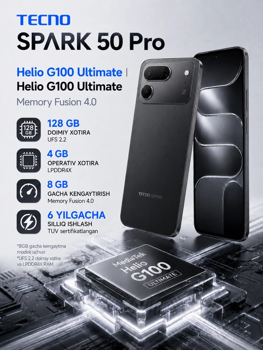 Смартфон TECNO SPARK 50 Pro 4/128 ГБ, 120 Гц, 50 Мп Sony, 6000 мАч, 60W