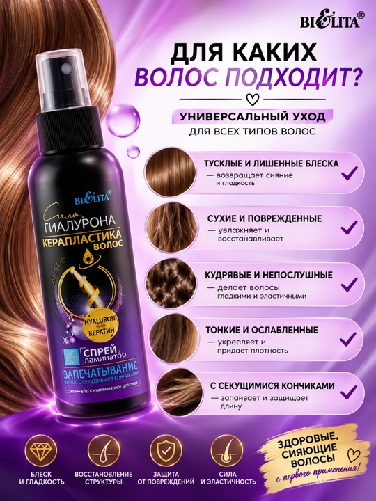 СИЛА ГИАЛУРОНА "Soch keroplastikasi" sprey-laminatori, 150 ml, Bielita