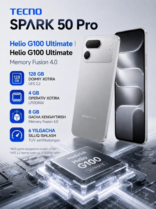 Smartfon TECNO SPARK 50 Pro 4/128 GB, 120 Gs, 50 Mp Sony, 6000 mA/soat, 60W