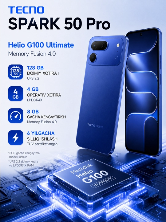 Smartfon TECNO SPARK 50 Pro 4/128 GB, 120 Gs, 50 Mp Sony, 6000 mA/soat, 60W
