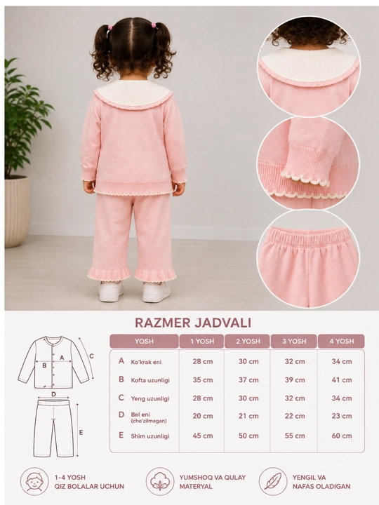 Qizlar uchun pushti dvoyka 1–4 yosh yengil va qulay paxtali kiyim