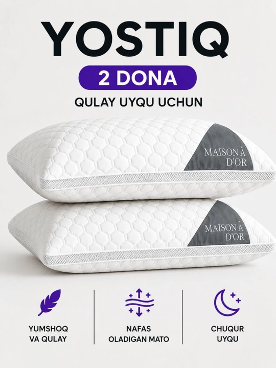 Yostiq, 2 dona, qulay va yumshoq, uyqu uchun, havo o`tkazadigan