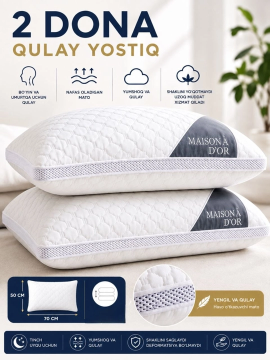 Yostiq, 2 dona, qulay va yumshoq, uyqu uchun, havo o`tkazadigan