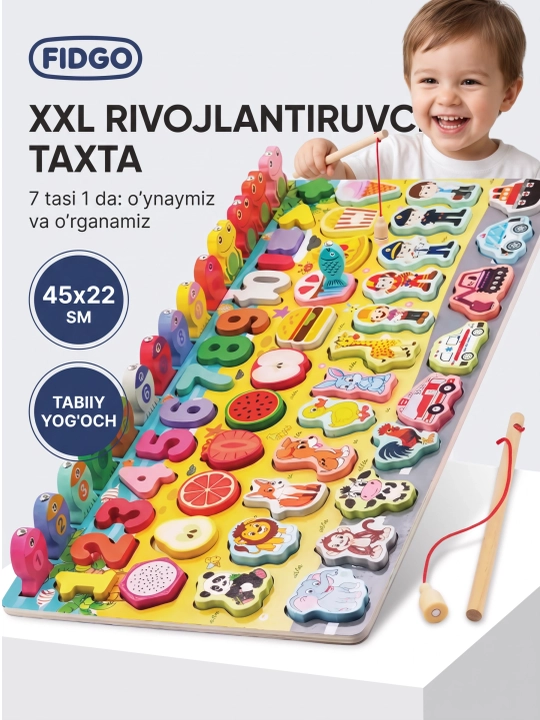 Montessori tizimining rivojlantiruvchi bolalar o‘yinchog‘i, yog‘och saralagich, magnitli baliq ovi - 