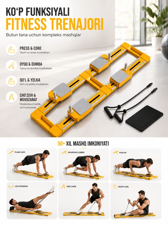Ko‘p funksiyali fitness trenajor, press, qo‘l va oyoq mashqlari uchun, uy uchun
