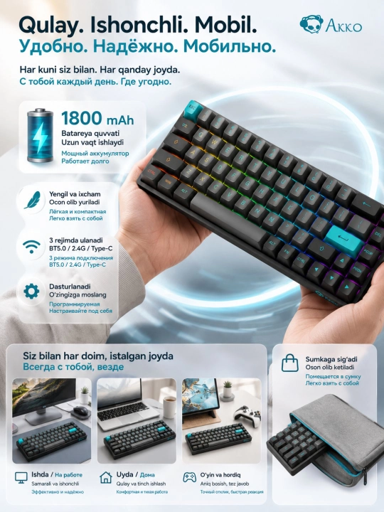 Akko 3068B Plus mexanik klaviaturasi Qora va oltin / Qora va havorang, Bluetooth/2.4G/USB-C, RGB
