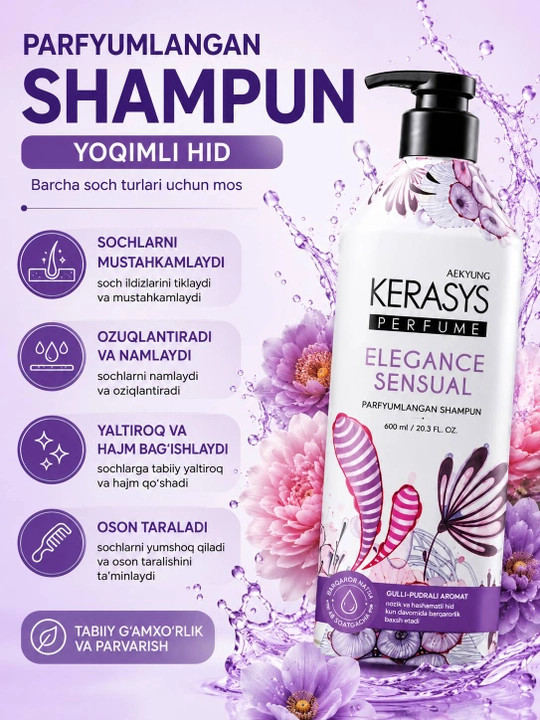 Parfyumlangan shampun Kerasys Perfume soch uchun, yumshoq parvarish, Kerasays shampun