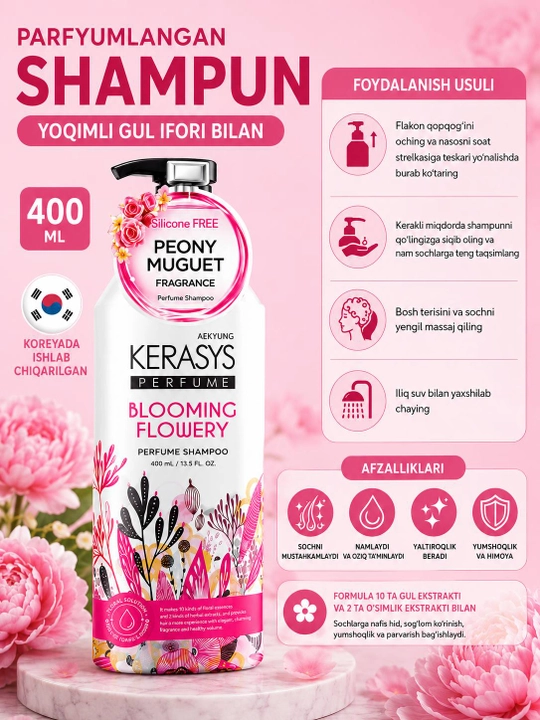 Parfyumlangan shampun Kerasys Perfume soch uchun, yumshoq parvarish, Kerasays shampun