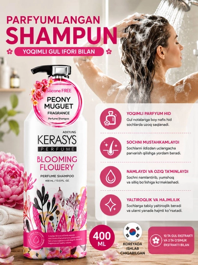 Parfyumlangan shampun Kerasys Perfume soch uchun, yumshoq parvarish, Kerasays shampun